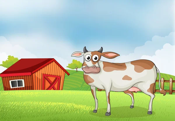 A cow in the farm with a wooden house at the back — Stock Vector