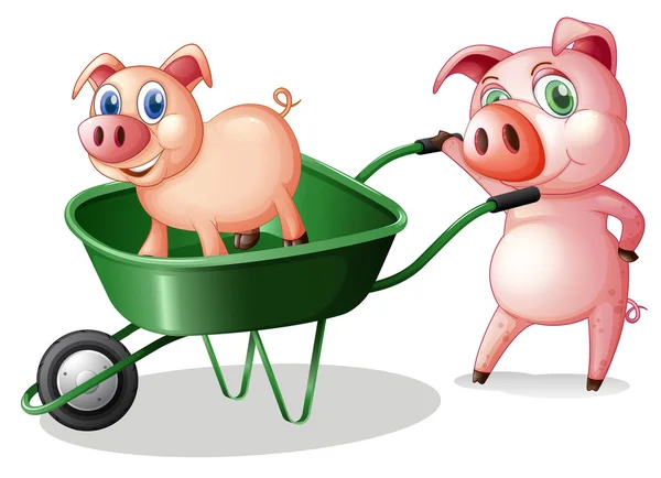 Dos cerdos con un carro verde — Archivo Imágenes Vectoriales