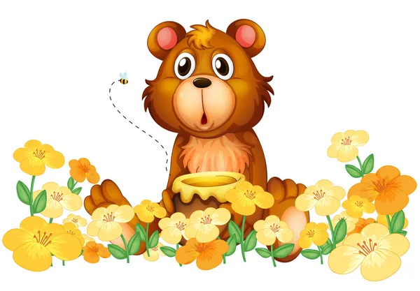 Un oso con miel en el jardín — Vector de stock