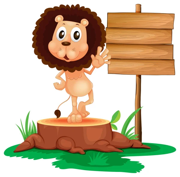 A lion above a trunk beside a wooden signboard — Stock Vector