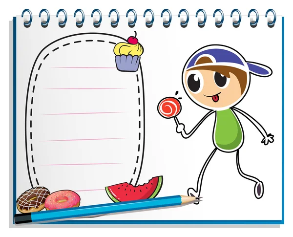 Um caderno com um desenho de um menino comendo um doce de pirulito — Vetor de Stock