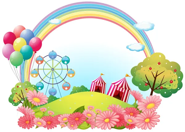 Een heuvel met circus tenten, ballonnen en een reuzenrad — Stockvector