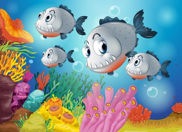 Four gray fishes under the sea — Stock Vector