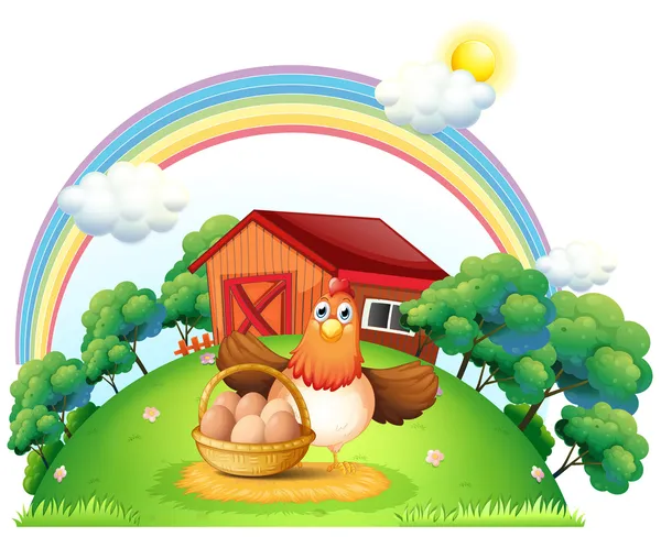 Una gallina con una cesta de huevo en la granja — Vector de stock