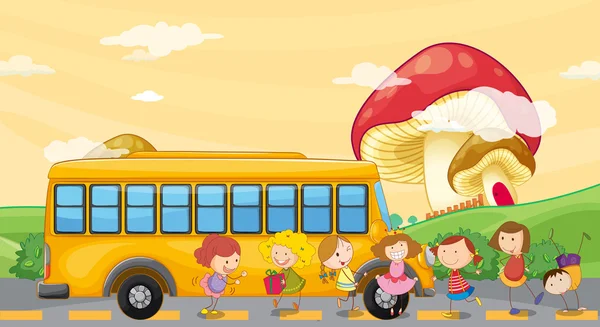 Students playing near the school bus — Stock Vector