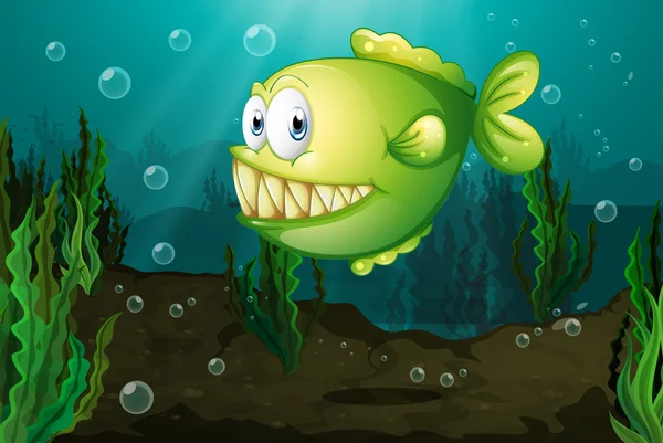 A green fish with big fangs under the sea — Stock Vector