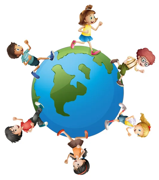 Six enfants marchant autour de la planète Terre — Image vectorielle