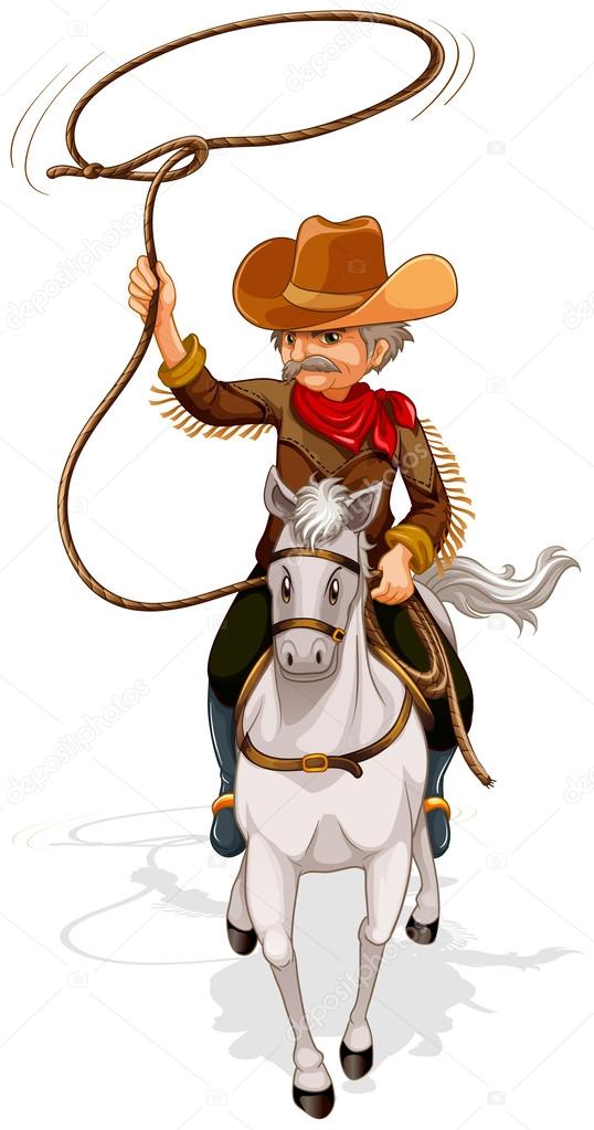 A cowboy riding a horse while holding a rope