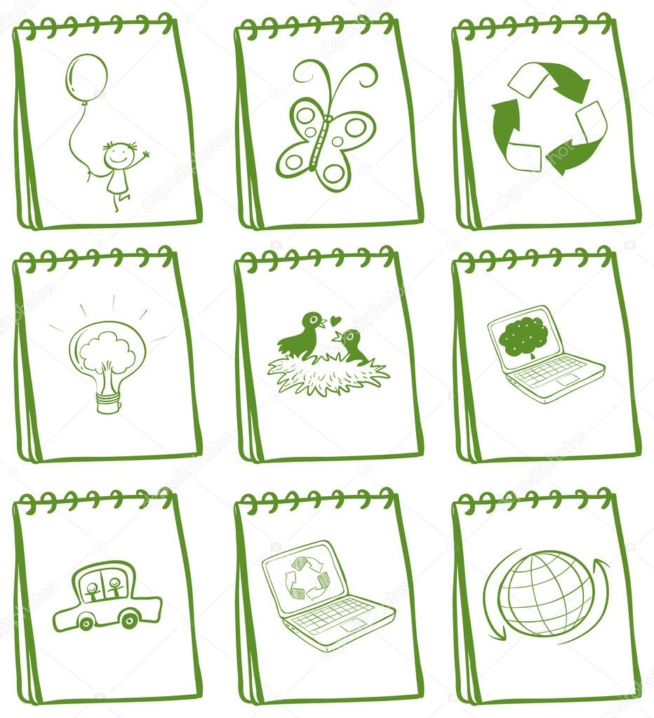 Illustration of a set of of green notebooks on a white background