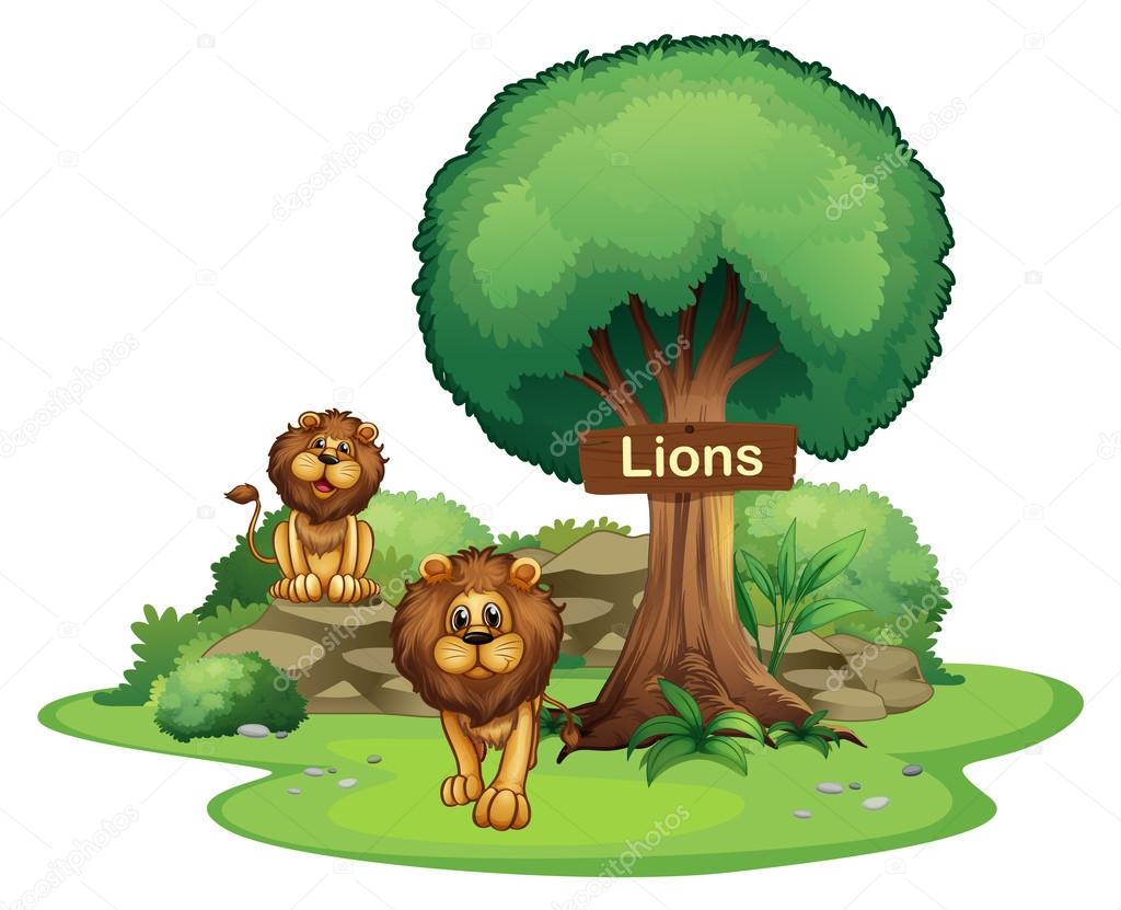 Two lions with a wooden signboard