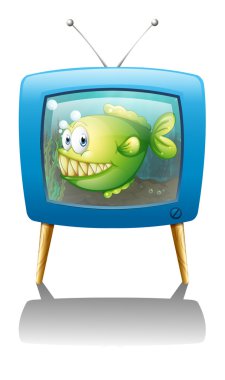 mavi bir televizyon, bir balık