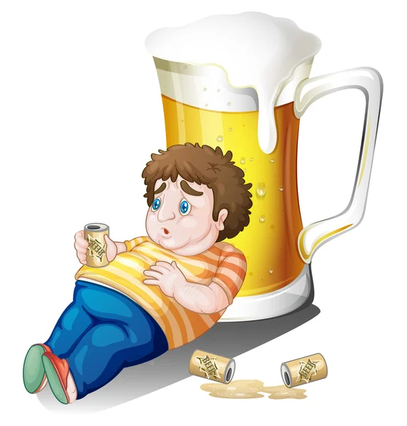 A fat boy with cans of beer near a big glass — Stock Vector