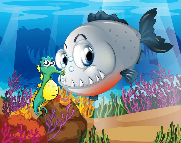 Un piranha et un hippocampe sous la mer — Image vectorielle