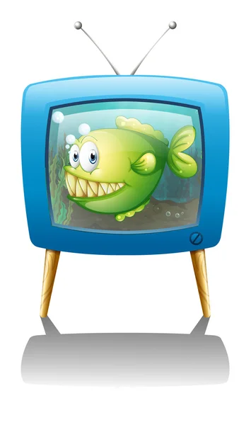 Un televisor azul con un pez — Vector de stock