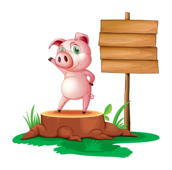 A pig standing beside an empty wooden signboard — Stock Vector