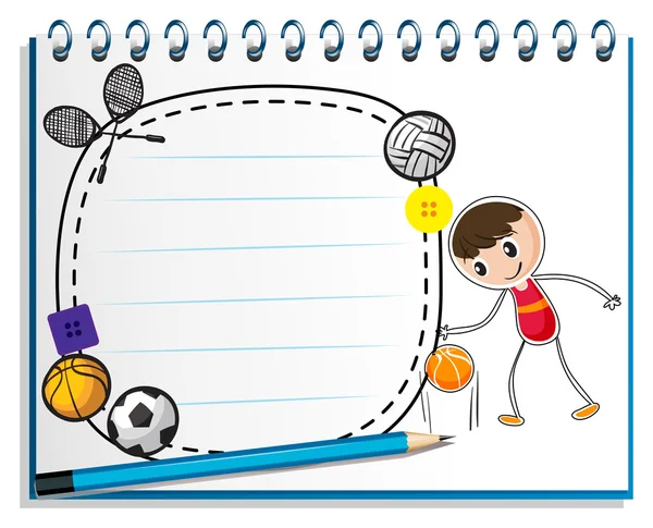 Un cuaderno con un dibujo de un niño con los diferentes deportes acc — Vector de stock