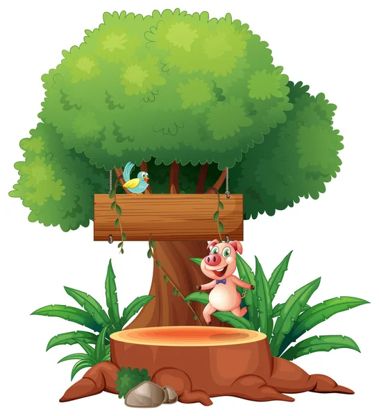 Un cochon et un oiseau sous le grand arbre — Image vectorielle
