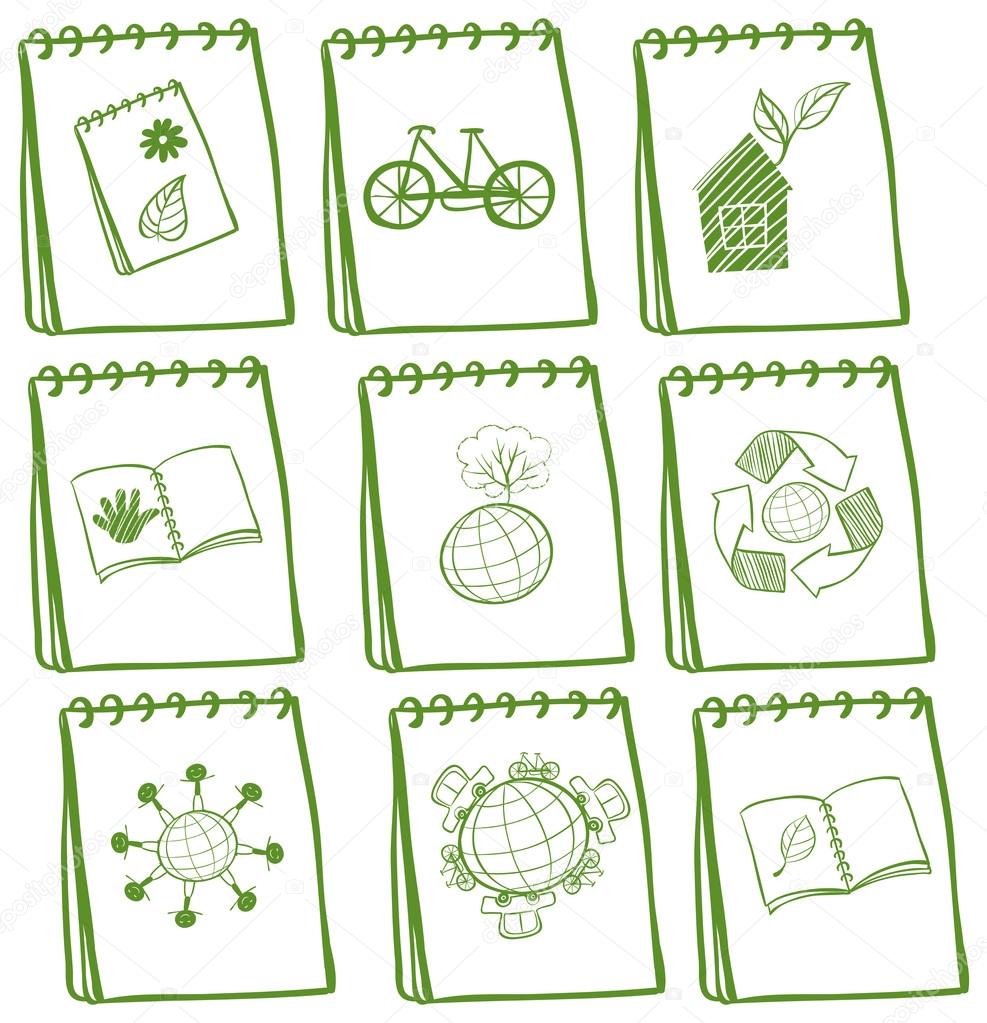 Notebooks with green drawings at the cover page