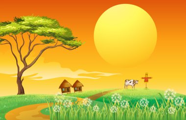 A farm with a cow and a scarecrow clipart