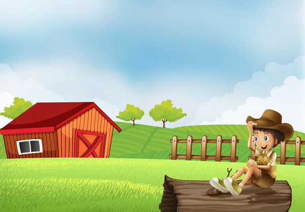 A boy at the farm sitting in the wood with a wooden house — Stock Vector