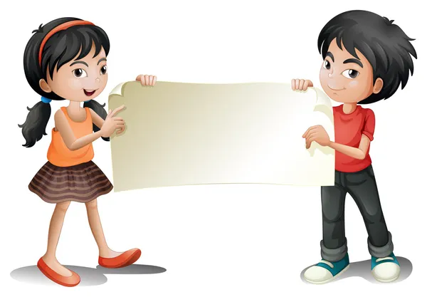 Ένα κορίτσι και ένα αγόρι που κατέχουν ένα άδειο σήμανση — Διανυσματικό Αρχείο