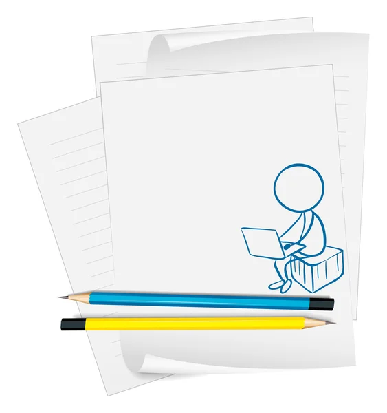 Un papel con un dibujo de un niño usando un portátil — Vector de stock