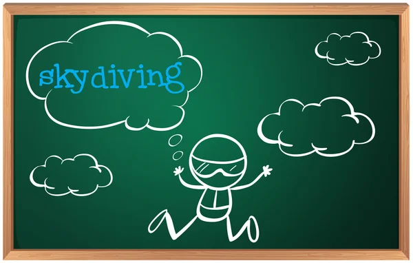 A blackboard with a drawing of a boy sky diving — Stock Vector