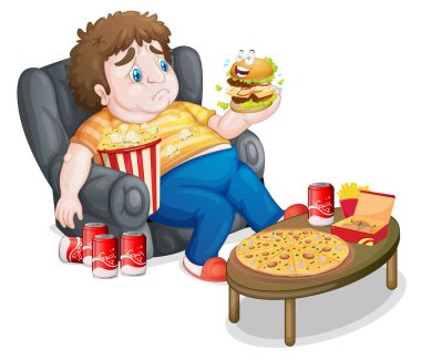 A fat boy in front of a lots of foods