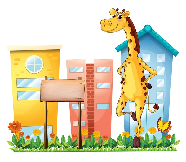 A giraffe standing beside an empty wooden signboard — Stock Vector