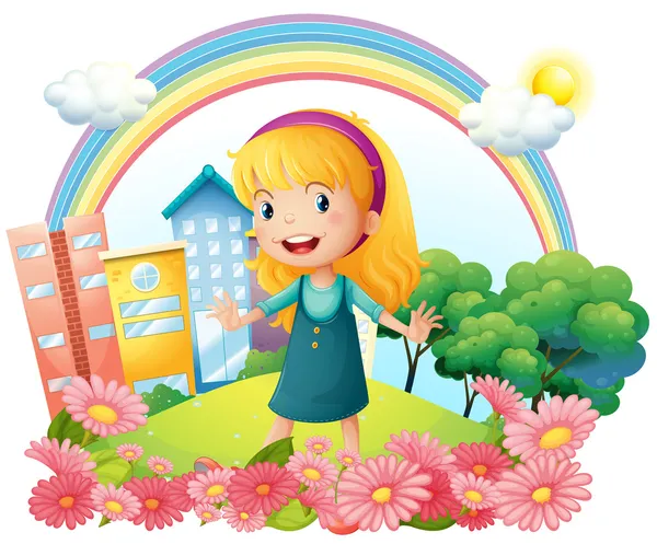 Ένα μικρό κορίτσι που στέκεται στον κήπο — Διανυσματικό Αρχείο