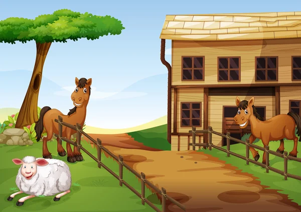 Twee paarden en een schaap in de farm — Stockvector