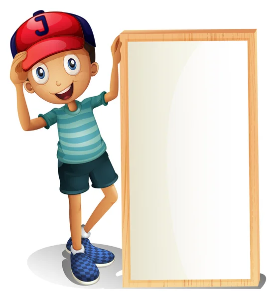 A young boy standing beside an empty signboard — Stock Vector