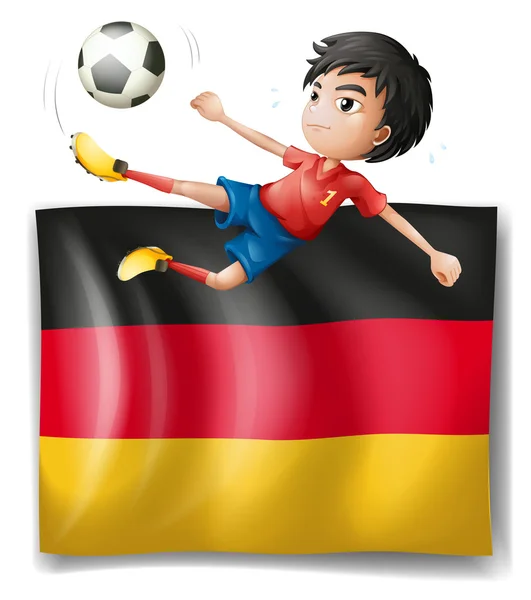 Um menino jogando futebol na frente da bandeira da Alemanha — Vetor de Stock