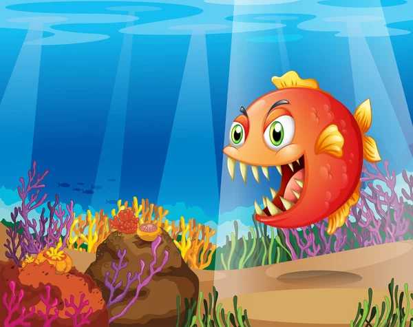 A piranha in the sea with corals — Stock Vector