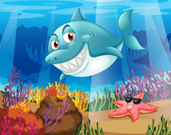Ein Hai und ein Seestern unter Wasser — Stockvektor
