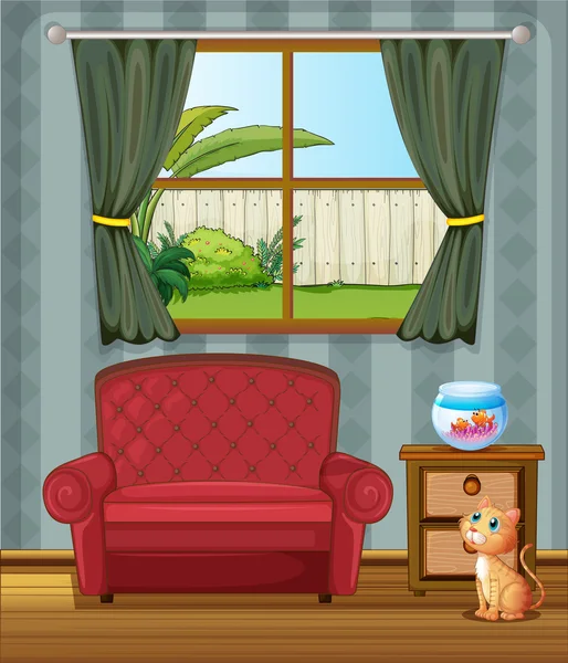 A cat looking at the fish inside the house — Stock Vector