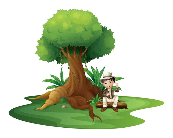 A boy sitting under the big tree Stock Vector