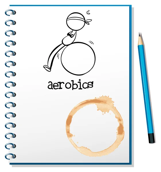 Un cuaderno con un dibujo de un chico haciendo aeróbic — Vector de stock