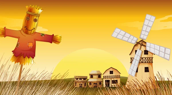 Ein Bauernhof mit Vogelscheuche und Windmühle — Stockvektor