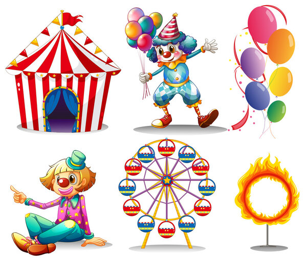 A circus tent, clowns, ferris wheel, balloons and a ring of fire