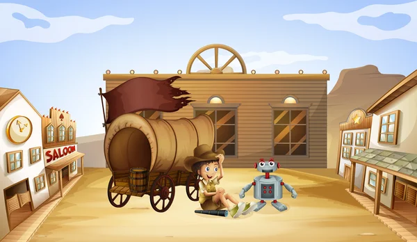 A boy and a robot near a wagon — Stock Vector