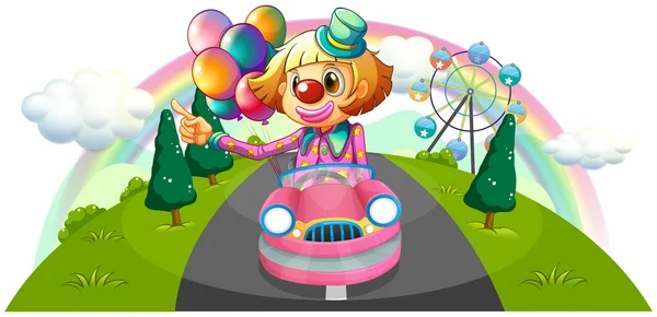 A pink car with a female clown — Stock Vector