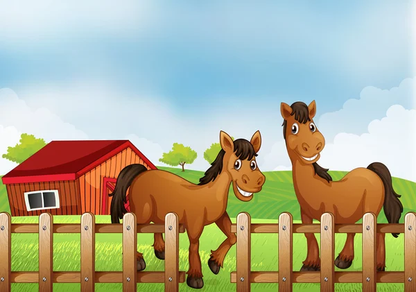 Horses inside the wooden fence with a barn — Stock Vector