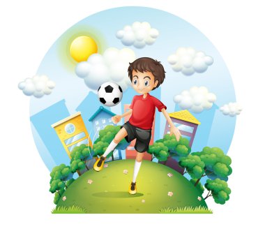 A soccer player practicing near the high buildings vector A soccer player practicing near the high buildings vector