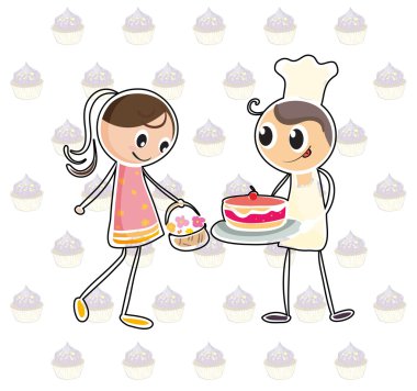 bir sepet çiçek ve pasta bir oğlanla bir kız