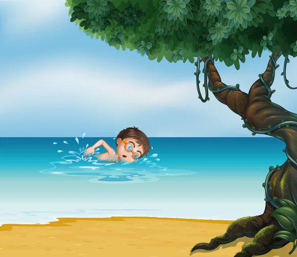 En gutt som svømmer på stranden med et gammelt tre. – stockvektor