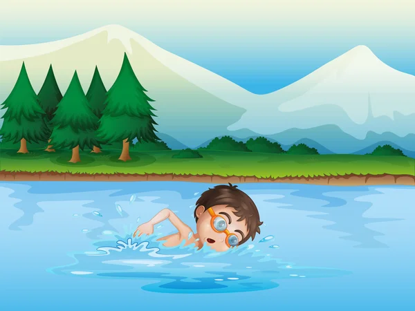 一个男孩在河里游泳 — 图库矢量图片