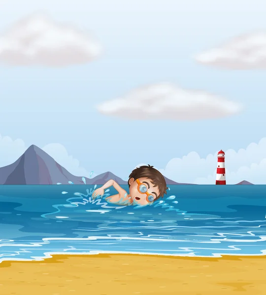 Κολύμπι στην παραλία με ένα φάρο παιδί — Διανυσματικό Αρχείο