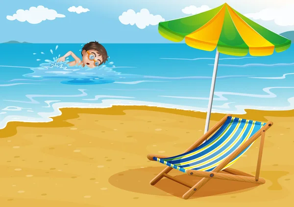 A boy swimming at the beach with an umbrella and a bed — Stock Vector