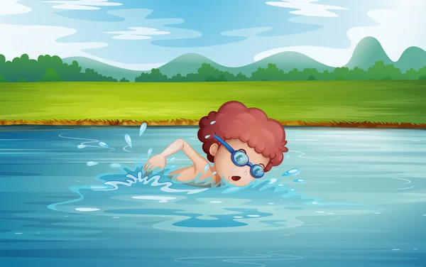 Ein Junge schwimmt mit Schutzbrille im Fluss — Stockvektor